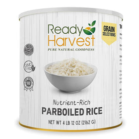 Ready Harvest Emergency Rice parboiled white can top, quick meals and long shelf life.