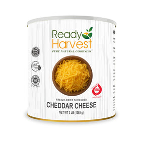 Ready Harvest freeze-dried cheddar cheese can; long shelf life for storage and planning.