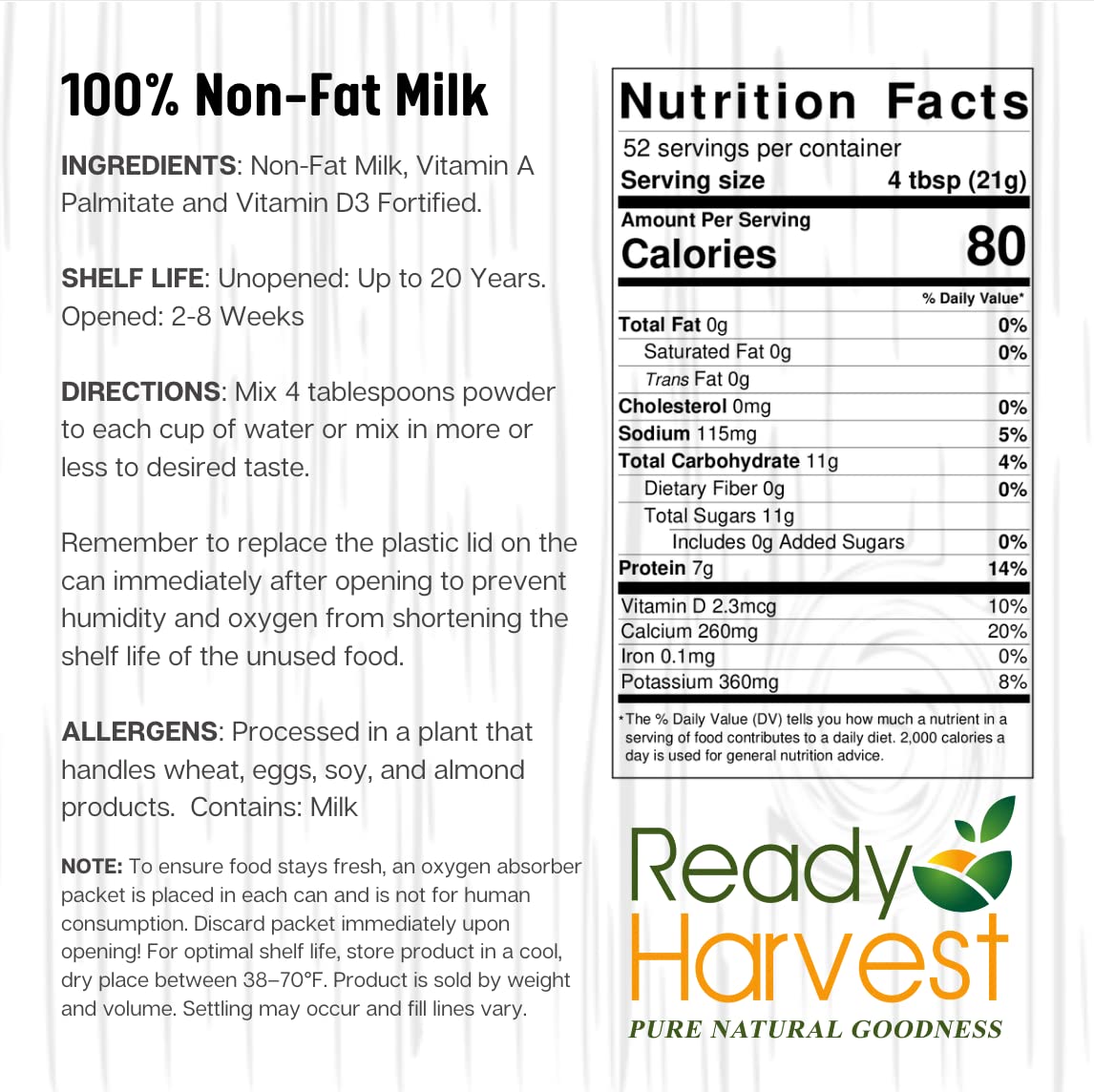 Ready Harvest nutrition facts panel emphasizing calcium and minerals