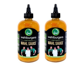 Ready Set Gourmet Wahl Sauce bottle being poured over burgers for creamy tang.