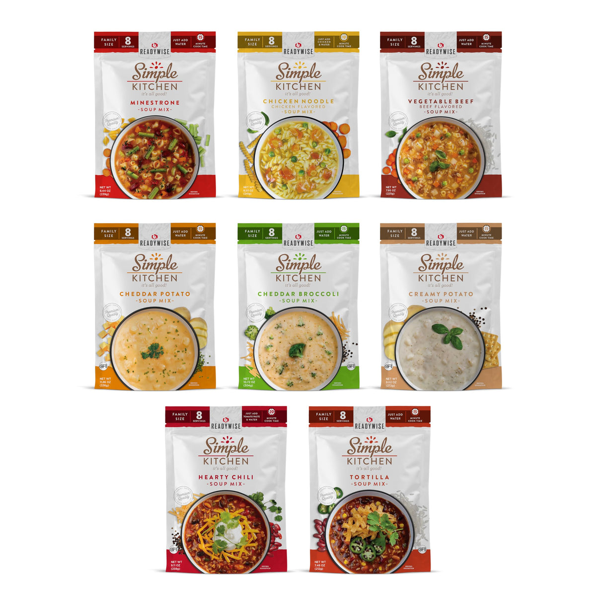 ReadyWise Simple Kitchen Soup Sampler Pack front view for easy pantry access.
