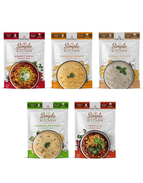 ReadyWise Simple Kitchen Soup Sampler offers eight servings per pouch for family meals.