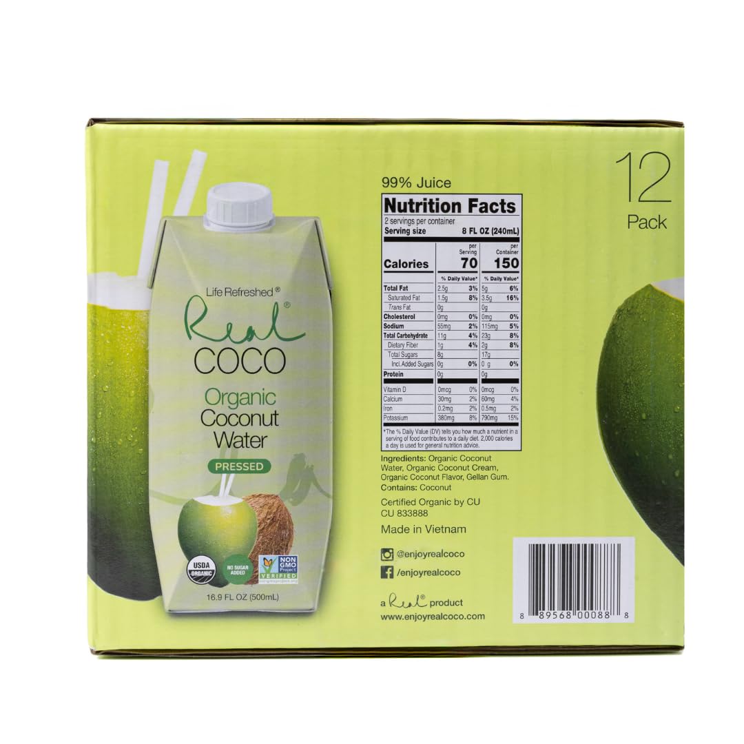 Real Coco organic label with USDA certification and no added sugars.