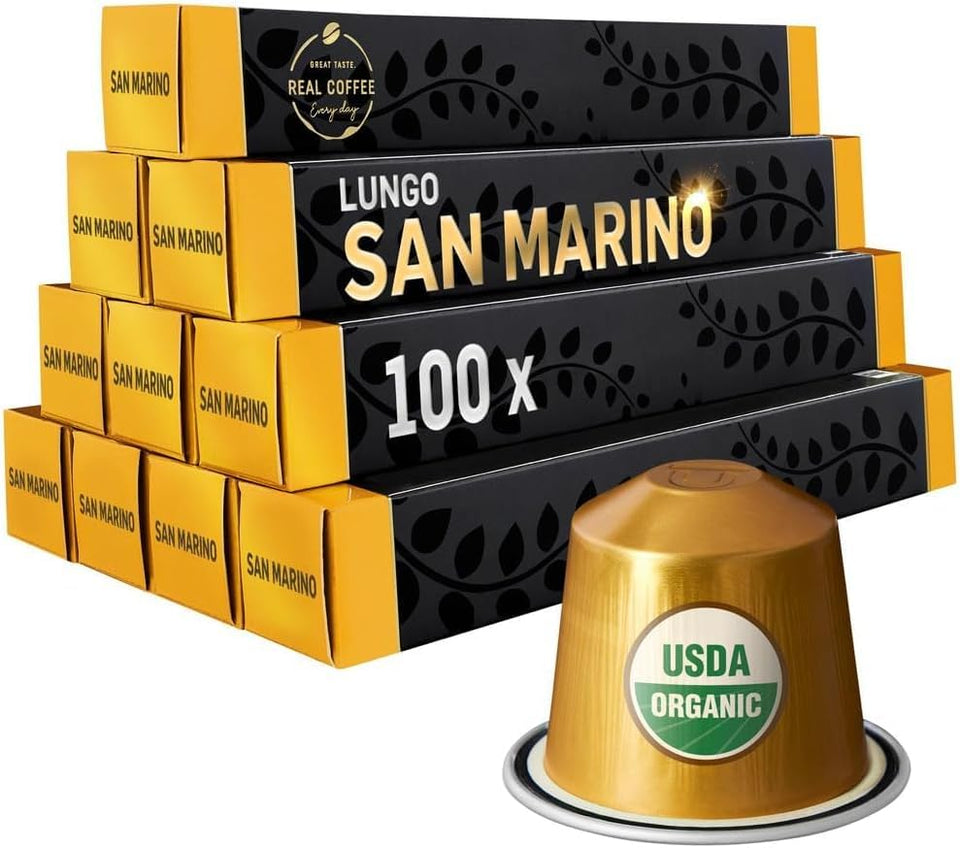 REAL COFFEE GREAT TASTE San Marino Lungo pod for Original Line machines, organic and Fairtrade.