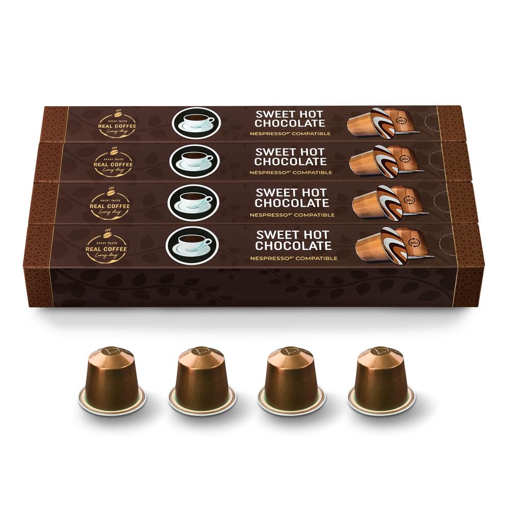 REAL COFFEE GREAT TASTE Sweet hot chocolate pods, kid-friendly treat with easy prep.