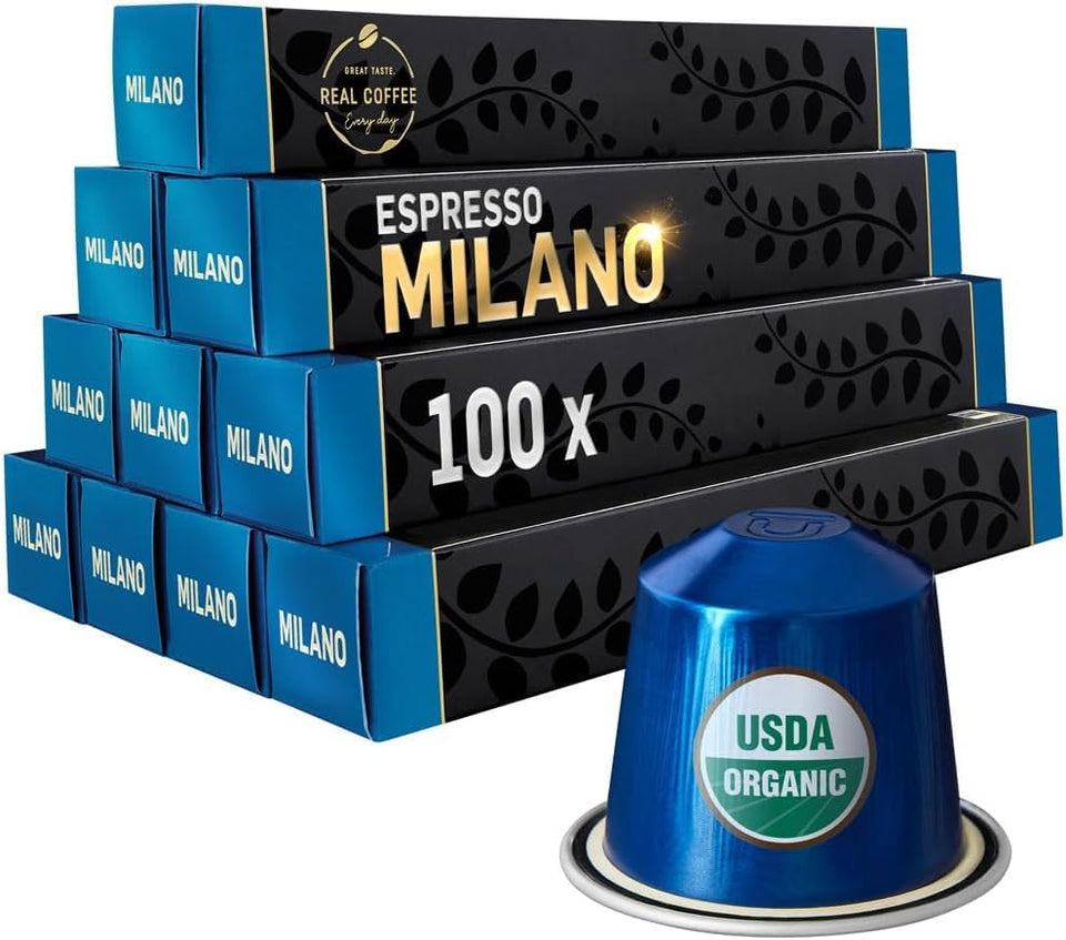 REAL COFFEE MILANO capsules pack of organic espresso in recyclable aluminum.