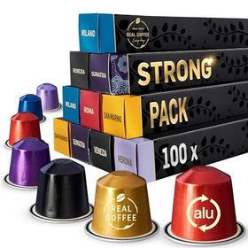 Real Coffee Strong Espresso Taster Pack front view showing bold flavor possibilities.