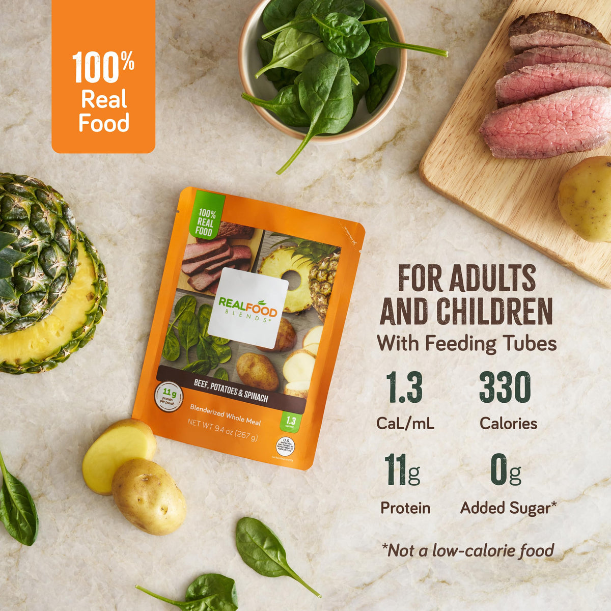 Real Food Blends 330-calorie puree for tube feeding, suitable for lunch or dinner.
