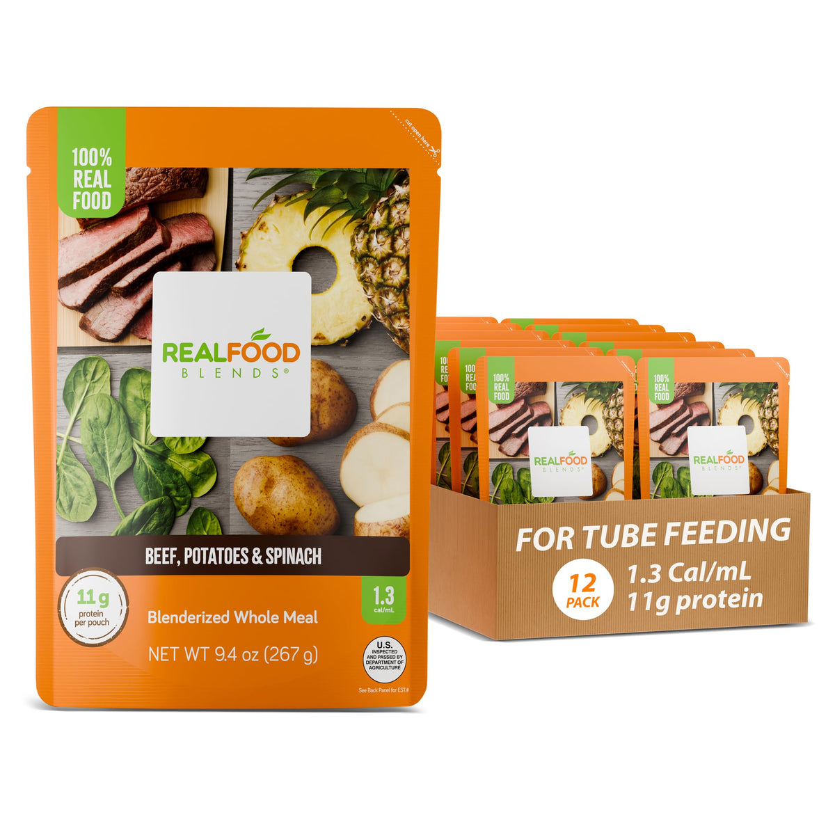Real Food Blends beef-potatoes-spinach puree pack shown, a convenient 12-pack for tube feeding.