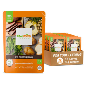 Real Food Blends beef-potatoes-spinach puree pack shown, a convenient 12-pack for tube feeding.