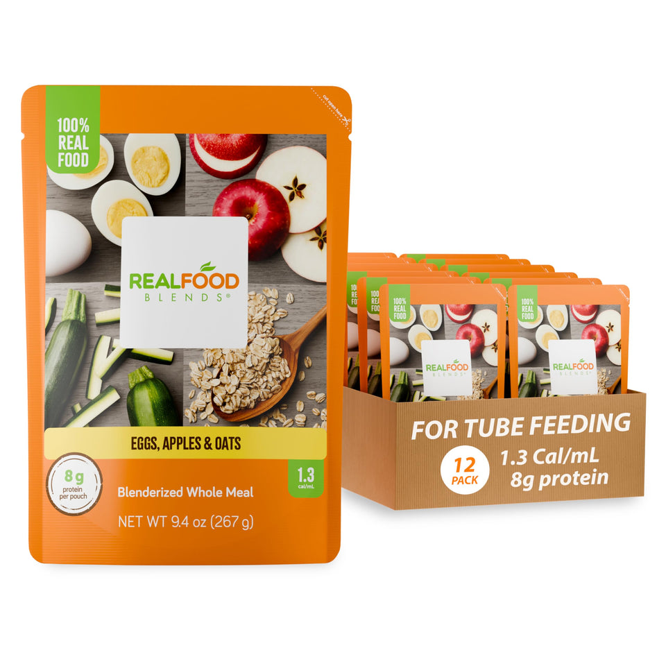 Real Food Blends eggs apples oats bowl showing a real-food puree suitable for blenderized meals