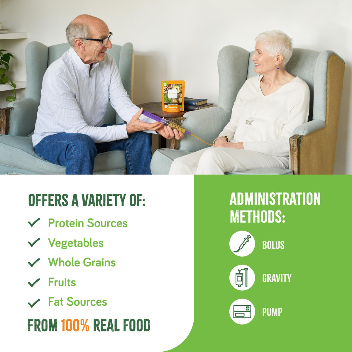 Real Food Blends jar and spoon serving image for quick tube feeding.