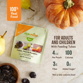 Real Food Blends Mini nutrition label close-up highlighting six real-food ingredients.
