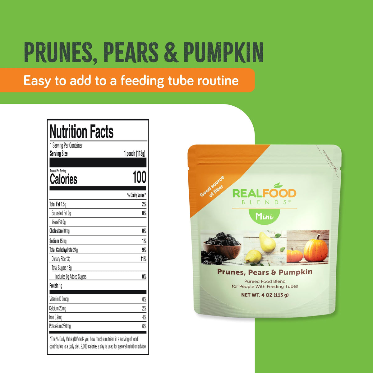 Real Food Blends Mini packaging back view showing product details for tube feeding.