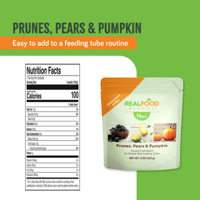 Real Food Blends Mini packaging back view showing product details for tube feeding.