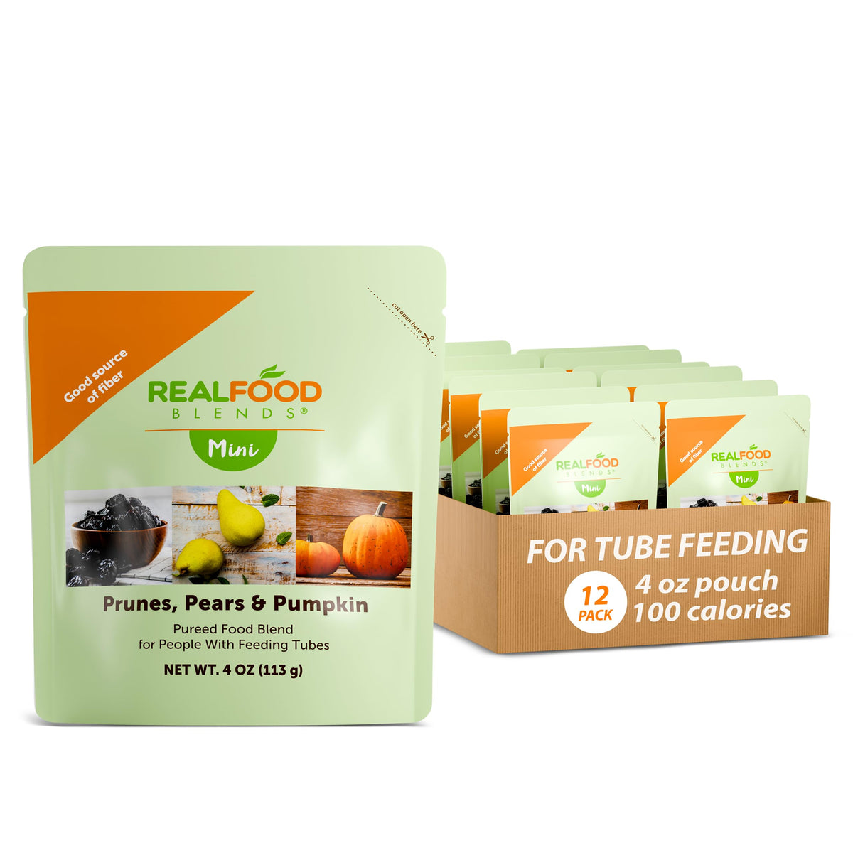 Real Food Blends Mini packaging front view, ready-to-feed option for tube feeding.