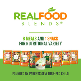Real Food Blends packaging shows 12-pouch pack, convenient for daily use.