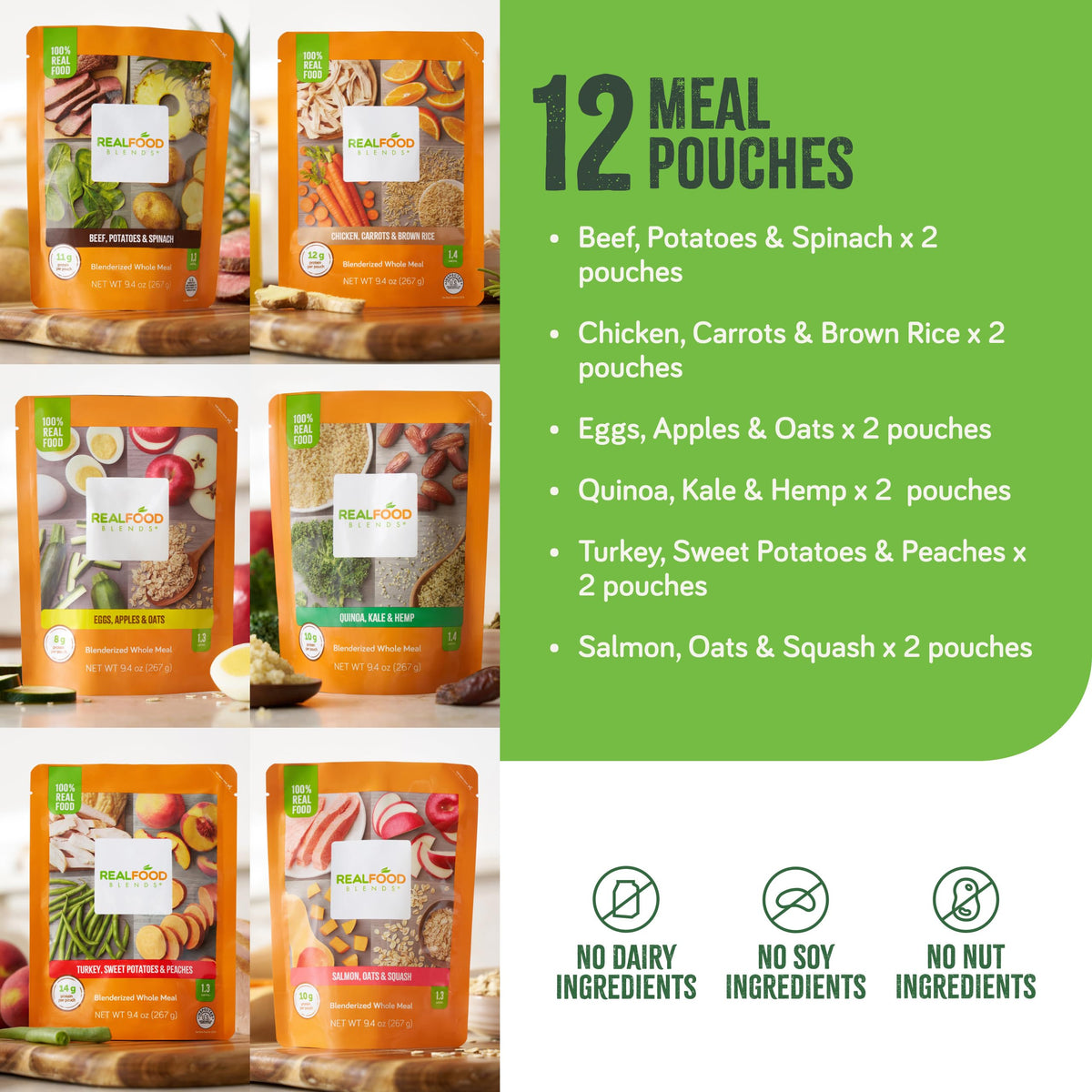 Real Food Blends pouch with nutrition label visible, ready-to-store meals.