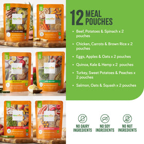Real Food Blends pouch with nutrition label visible, ready-to-store meals.