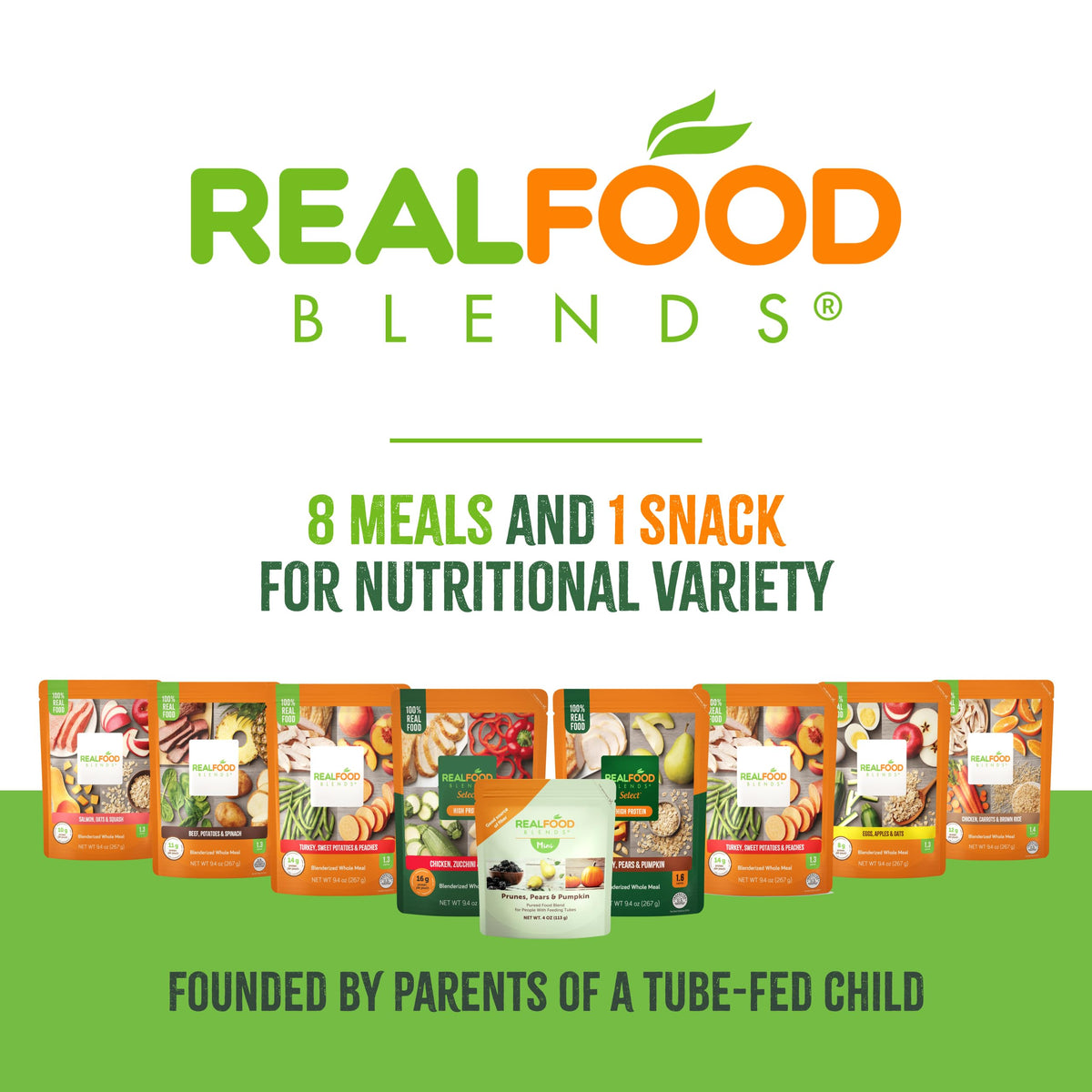 Real Food Blends puree compatible with 12 Fr G-tubes for delivery.