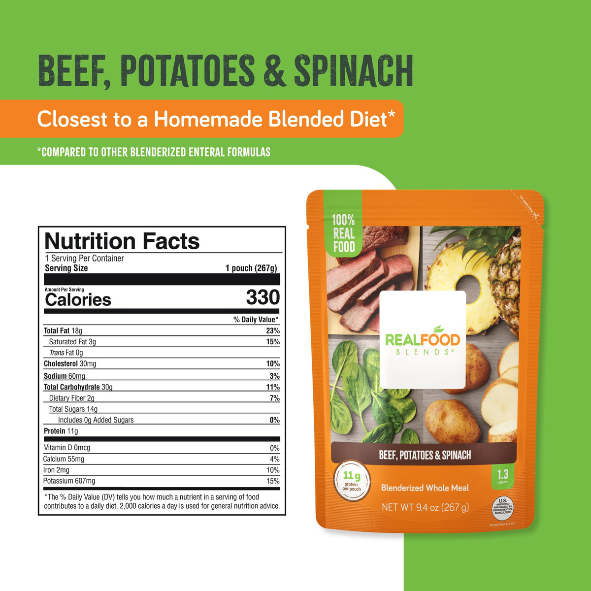 Real Food Blends beef-potatoes-spinach ingredients close-up, highlighting real protein and vegetables.