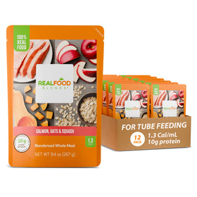 Real Food Blends Salmon Oats Squash puree served in a bowl, protein-rich for tube feeding.