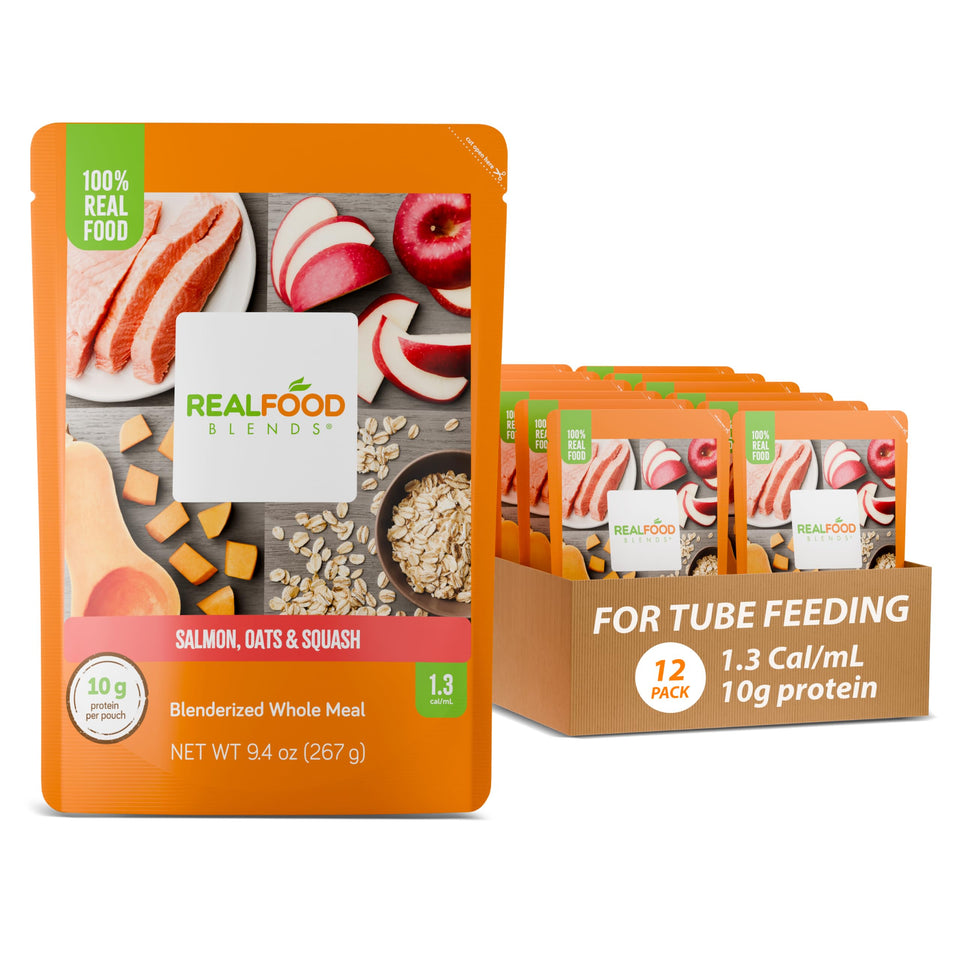 Real Food Blends Salmon Oats Squash puree served in a bowl, protein-rich for tube feeding.