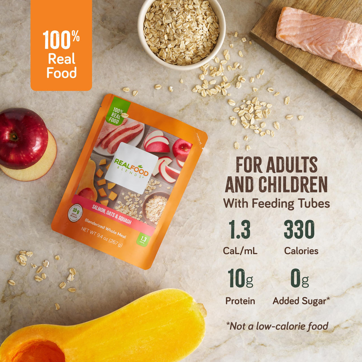 Close-up of Real Food Blends salmon oats squash puree with real ingredients.