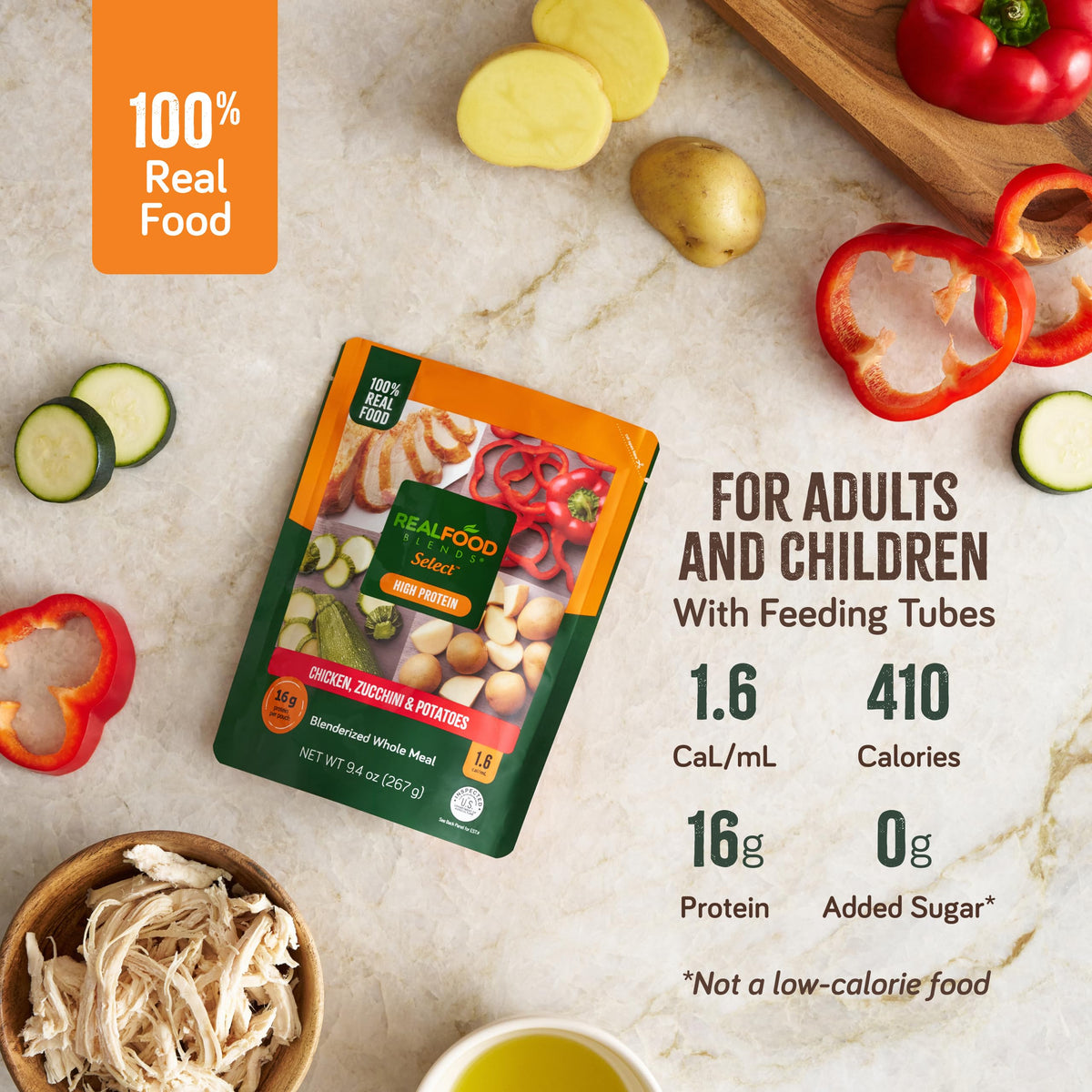 Real Food Blends Select chicken-zucchini-potatoes pouch ready-to-serve with easy bolus feeding.