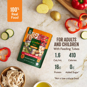 Real Food Blends Select chicken-zucchini-potatoes pouch ready-to-serve with easy bolus feeding.