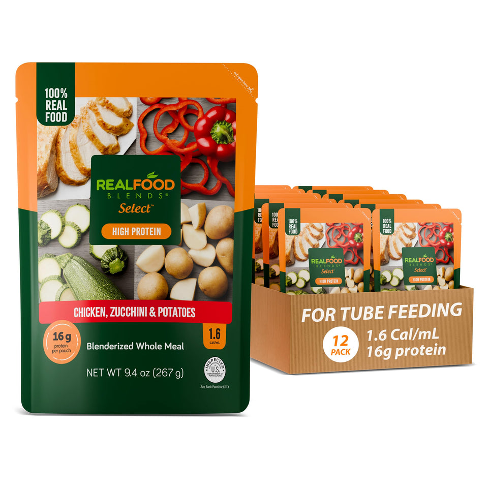 Real Food Blends Select Chicken-Zucchini-Potatoes pouch closeup highlights real ingredients and protein-dense nutrition.