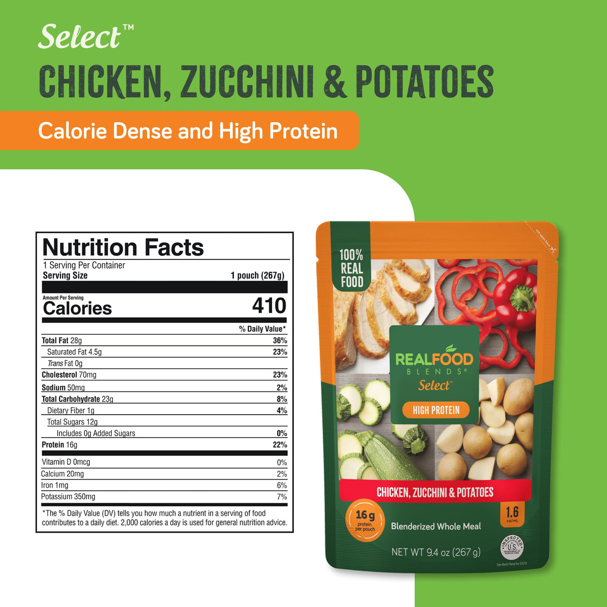 Real Food Blends pouch label reveals clean ingredients and no added sugars.