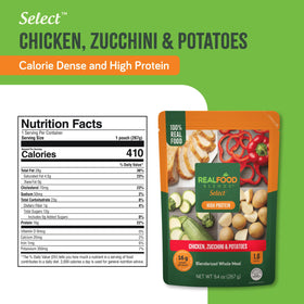Real Food Blends pouch label reveals clean ingredients and no added sugars.