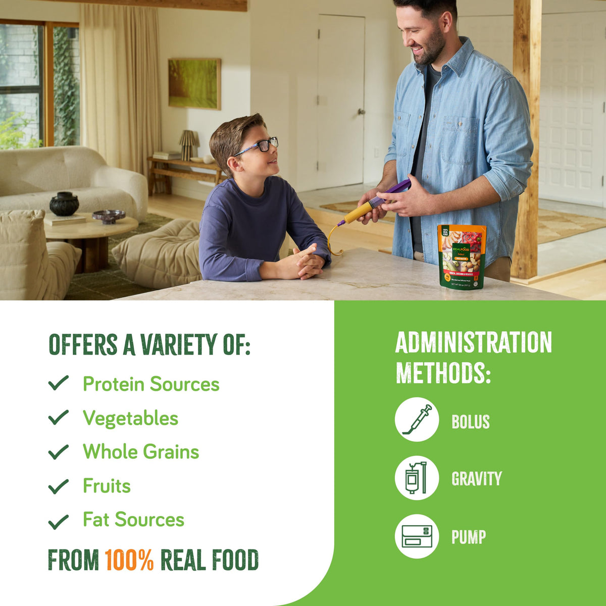 Real Food Blends packaging demonstrates 8-ingredient, real-food composition for varied meals.