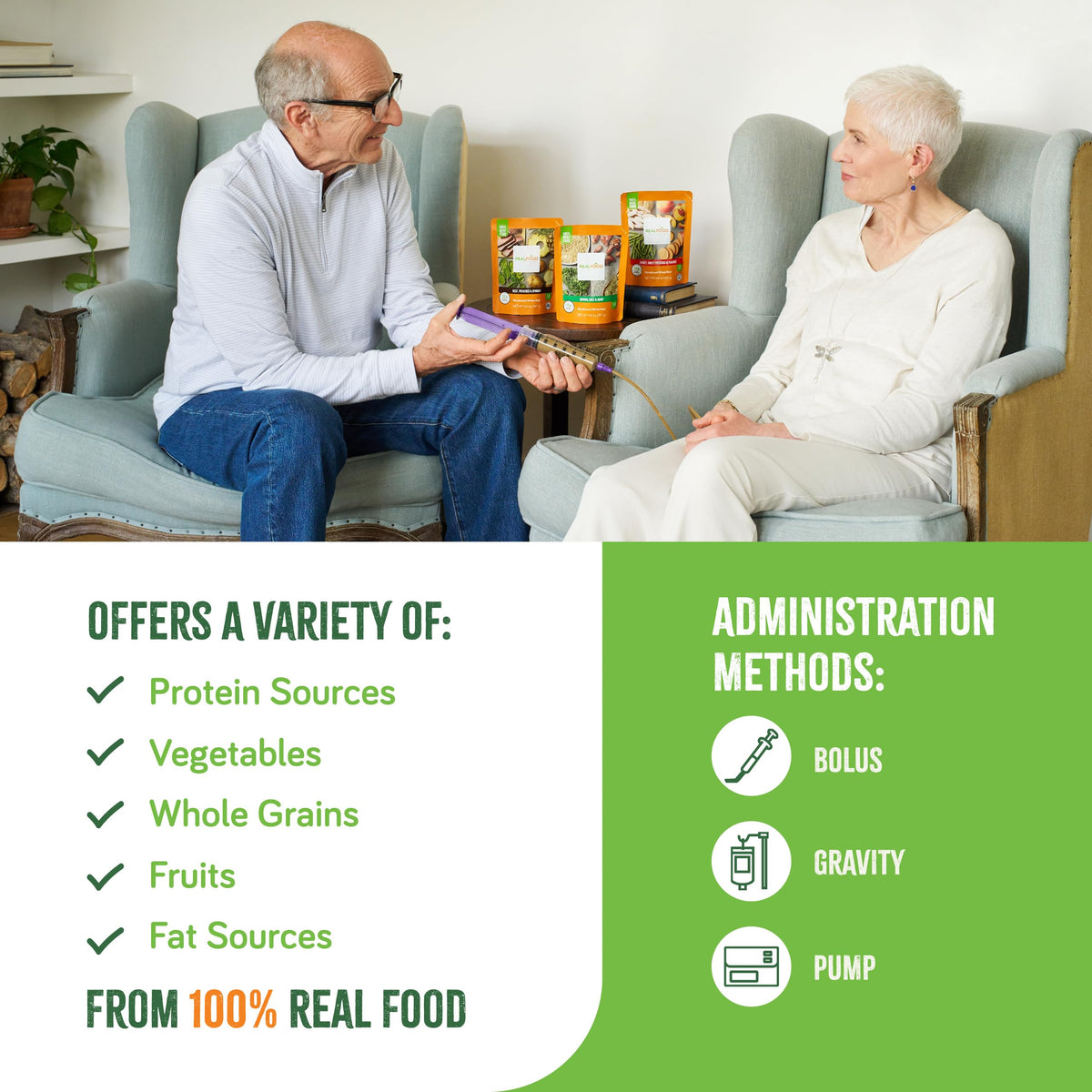 Real Food Blends bottle-feeding setup demonstrates bolus or gravity compatibility.