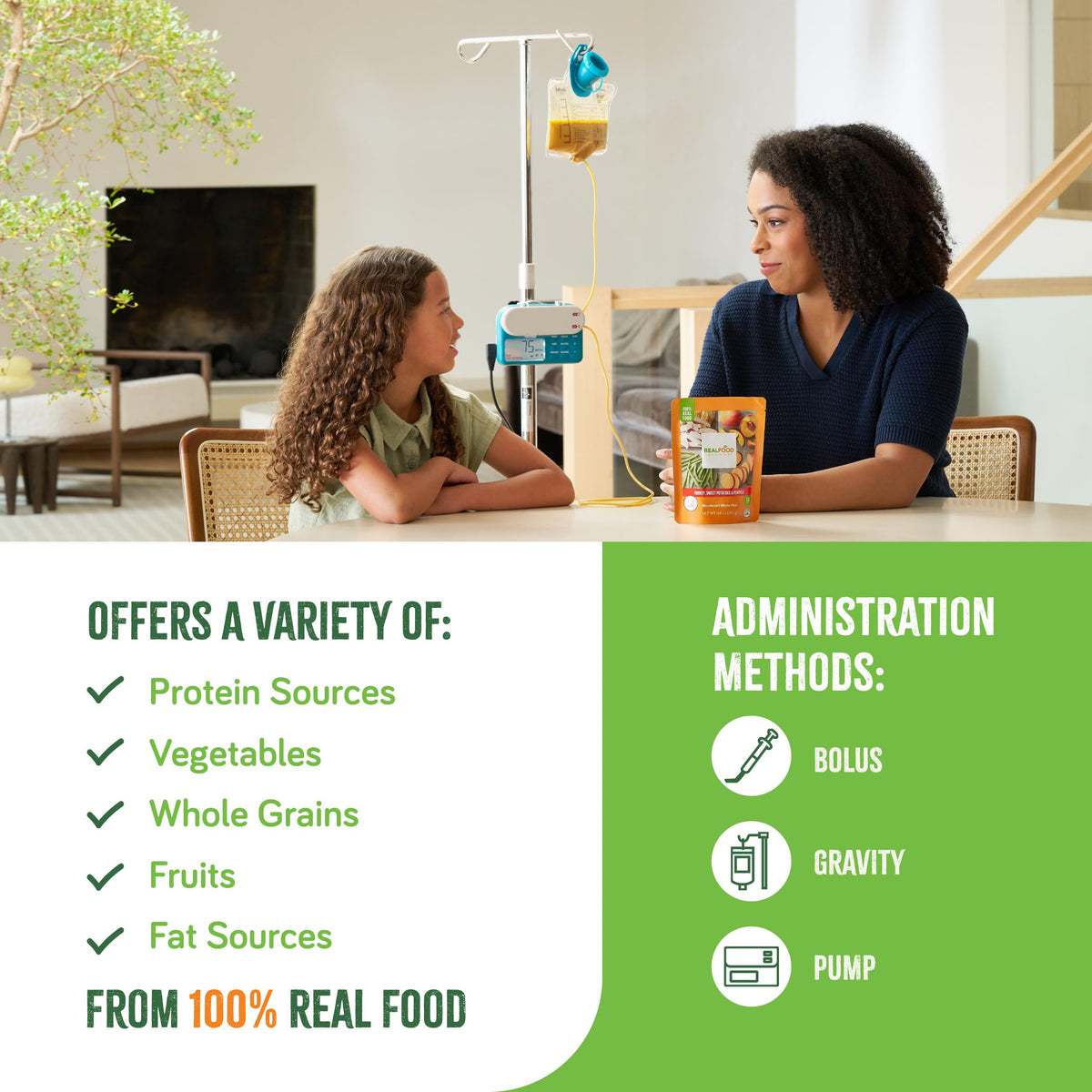 Real Food Blends bottle-feeding setup, compatible with bolus, gravity, or pump