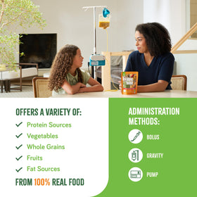 Real Food Blends bottle-feeding setup, compatible with bolus, gravity, or pump
