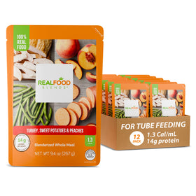 Real Food Blends turkey-sweet-potatoes-peaches puree jar, creamy texture for tube feeding