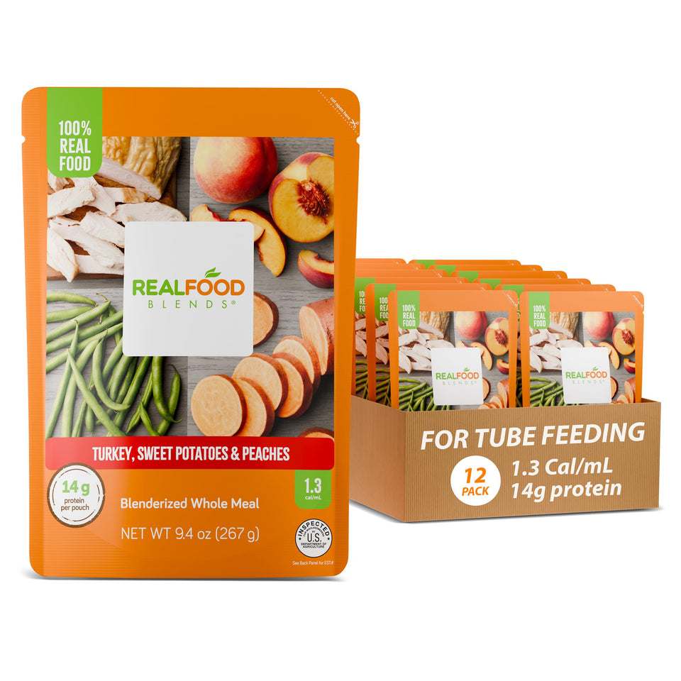 Real Food Blends turkey-sweet-potatoes-peaches puree jar, creamy texture for tube feeding