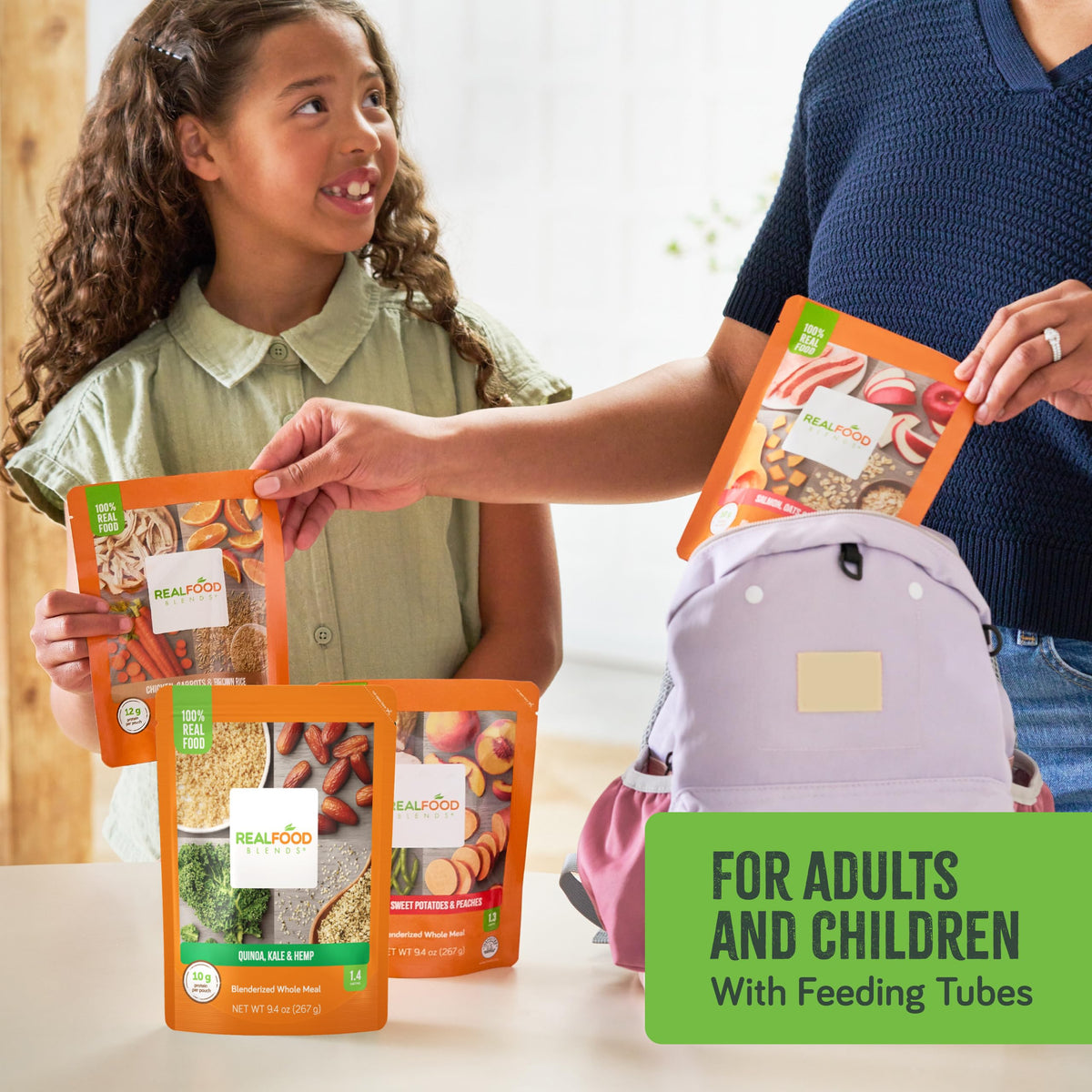 Real Food Blends Variety Pack on kitchen counter, everyday tube-feeding convenience.