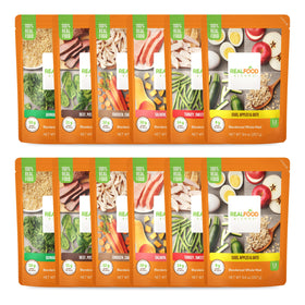 Real Food Blends Variety Pack pouch close-up showing real ingredients for balanced meals.