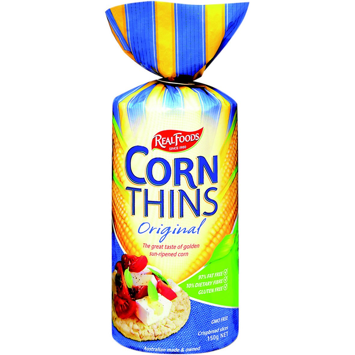 Real Foods Corn Thin ORGNL ORG six-pack, crisp snack ideal for on-the-go munching