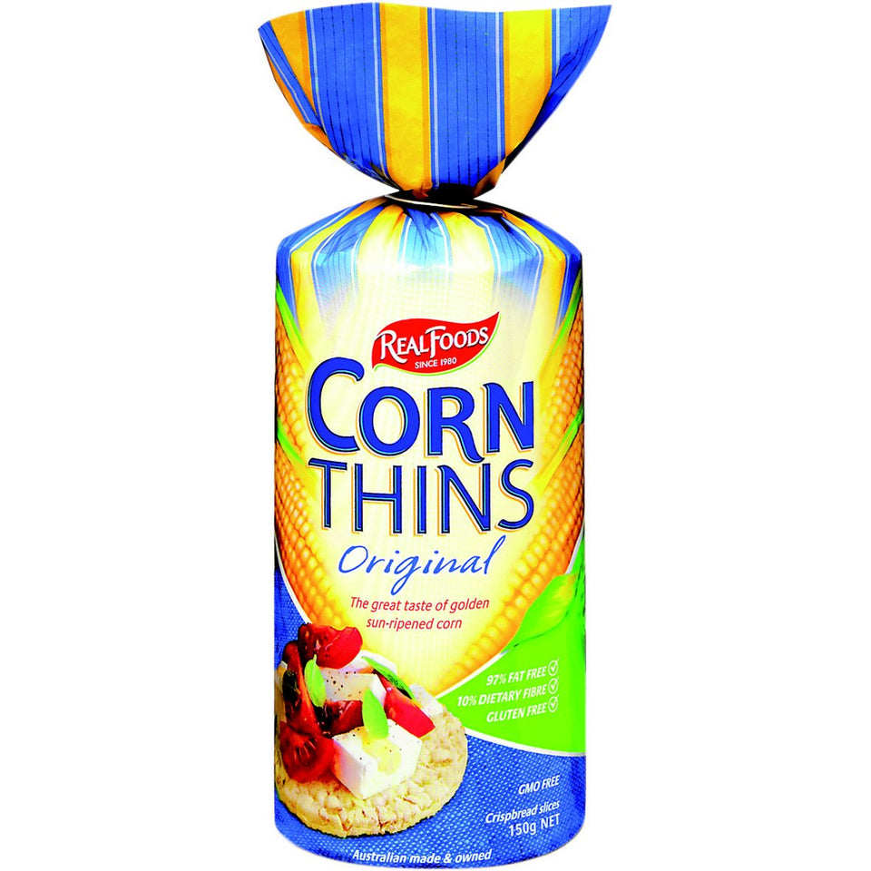Real Foods Corn Thin ORGNL ORG six-pack, crisp snack ideal for on-the-go munching