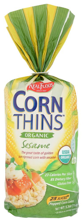Real Foods corn thin sesame organic pack shot highlighting six-pack convenience.
