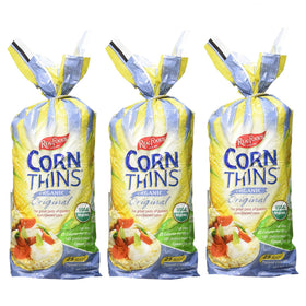 Real Foods Organic Corn Thins Original pack front, crisp bite ideal for toppings