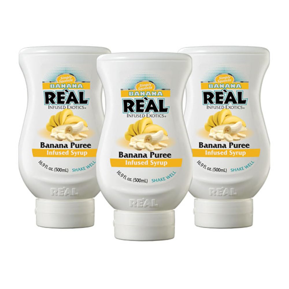 Reàl Infused Exotics banana puree syrup bottle front for tropical drinks