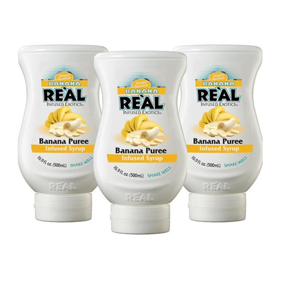 Reàl Infused Exotics banana puree syrup bottle front for tropical drinks