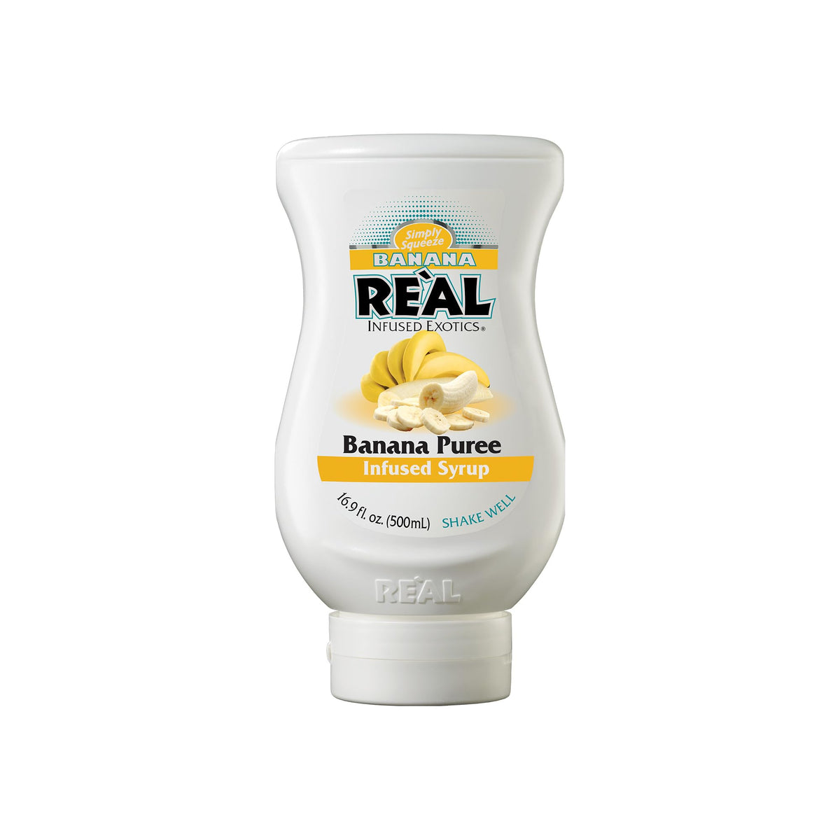 Reàl Infused Exotics banana puree syrup bottle showcasing authentic flavor for cocktails.