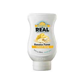 Reàl Infused Exotics banana puree syrup bottle showcasing authentic flavor for cocktails.