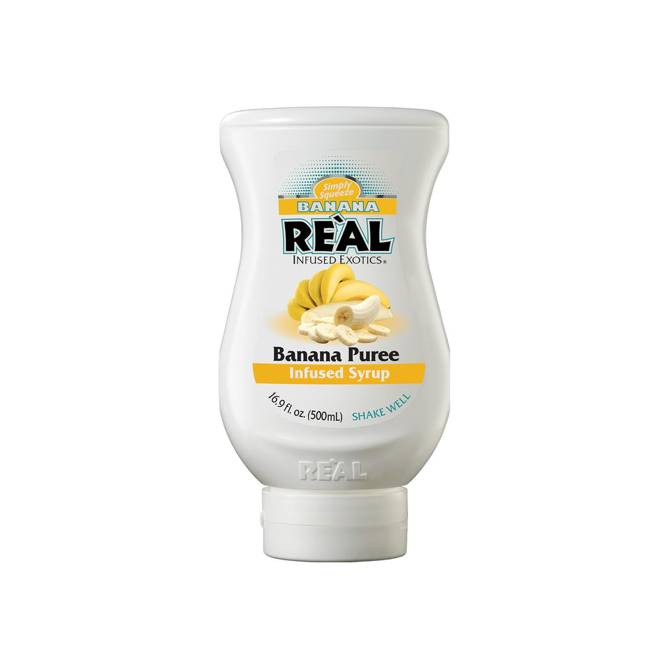 Reàl Infused Exotics banana puree syrup bottle showcasing authentic flavor for cocktails.